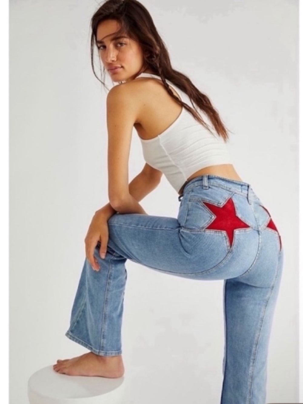 Free People Firecracker Flare Jeans Blue Denim Star Patch 32